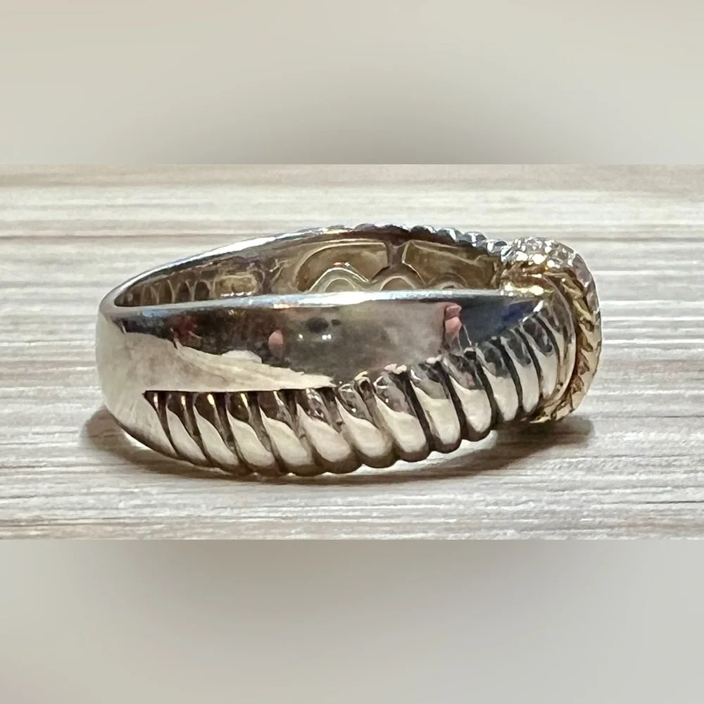 Vintage Designer Signed ATR Sterling Silver & 18K Gold Diamond Ring, Size 6
